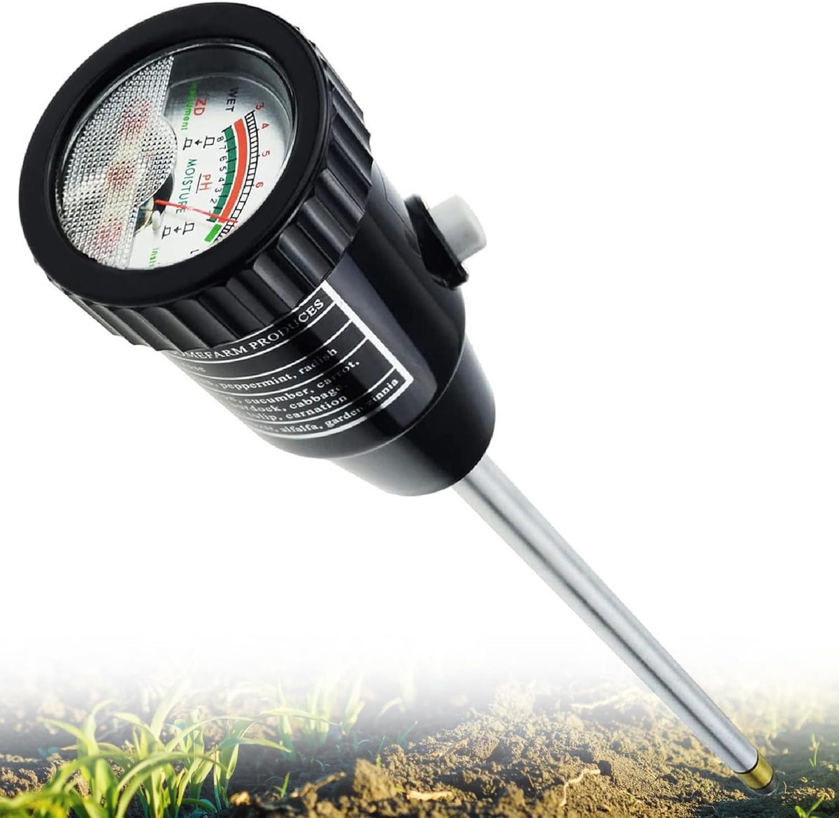 Bodemmeter PH Vochtigheid - Grond Tester - Planten Verzorgen - Lange Elektrode - 295mm Probe - Zilver