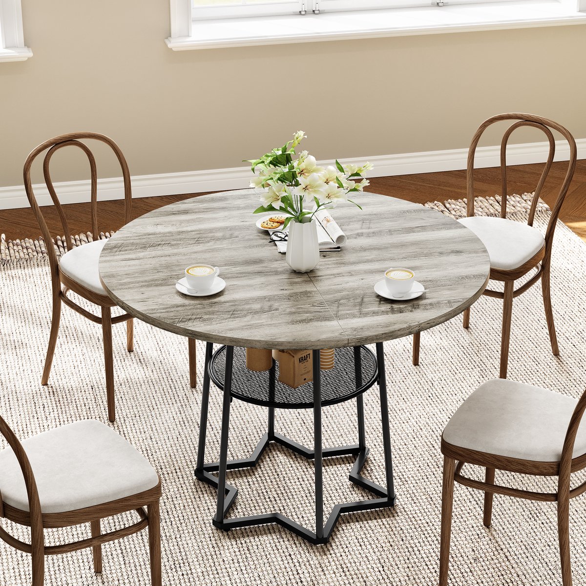 Eettafel Rond met Opbergrek - 98x98x76cm - Keukentafel - Zwaar Uitgevoerd Zeshoekig Metalen Onderstel - Ruimtebesparend - Zonder Stoelen - voor Appartement of Kleine Eetkamer - Grijs
