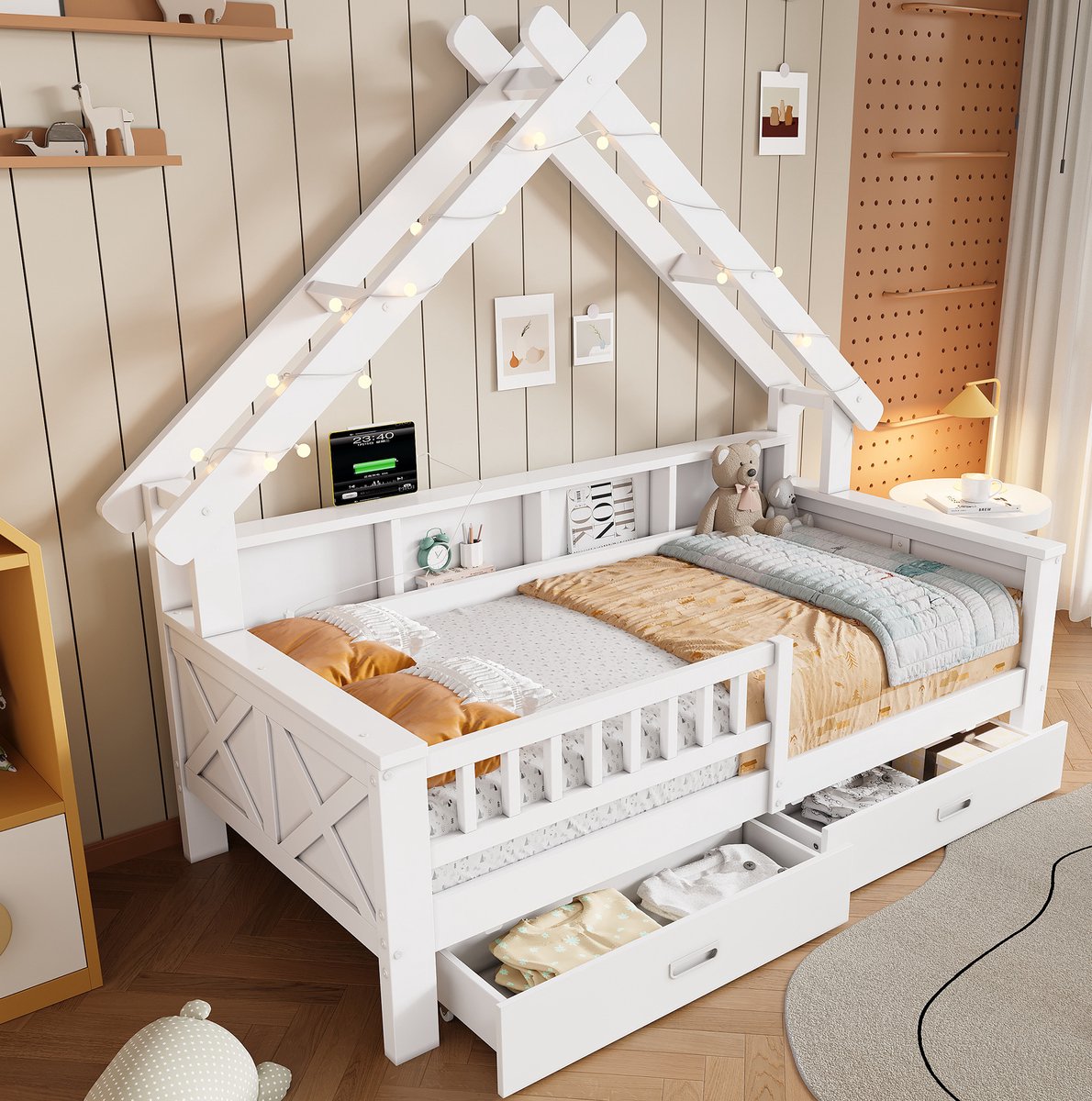 MEUNIQ kinderbed huisbed 90 x 200 cm met LED-verlichting, 2 lades, opbergvakken, uitvalbeveiliging en lattenbodem, wit bedframe voor kinderkamer