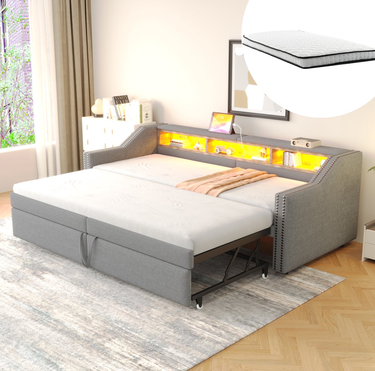 MEUNIQ slaapbank 90/180 x 200 cm met uitschuifbaar bed, LED-opbergvakken, USB-aansluiting, lattenbodem en 2 binnenveringmatrassen, hellgrijs