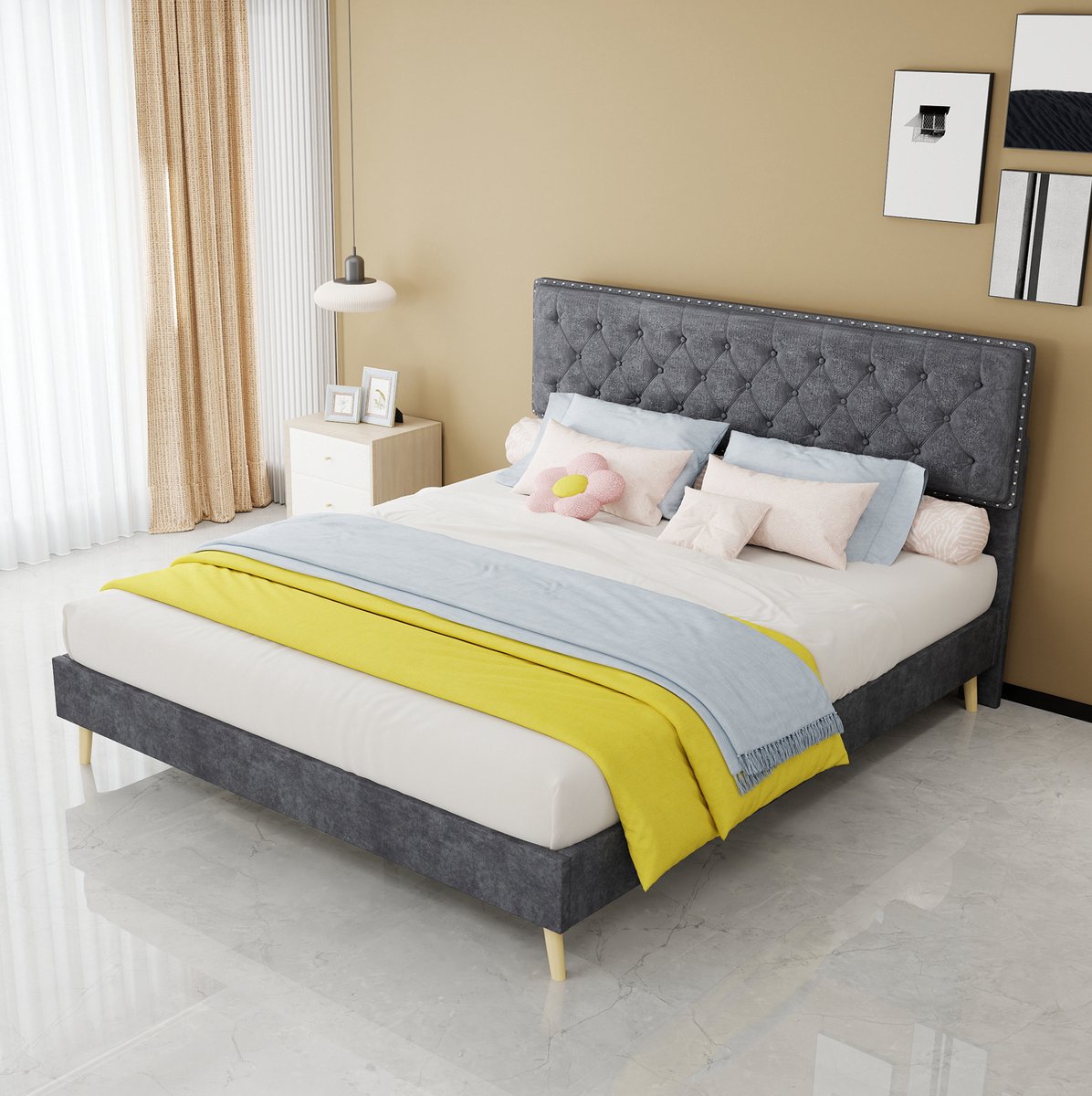 MEUNIQ Bedframe 160x200 cm met zacht gestoffeerd hoog hoofdbord, lattenbodem en opbergruimte onder bed, tweepersoons normaal bed voor slaapkamer, grijs
