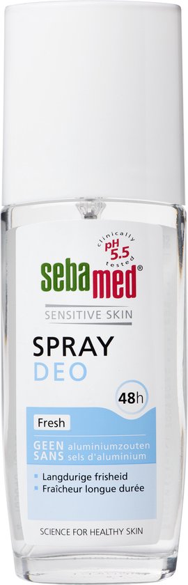 Sebamed Fresh Spray Deo, 75 ml. Transparante fles met witte dop. Bevat "GEEN aluminiumzouten".