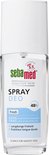 Sebamed Fresh Spray Deo, 75 ml. Transparante fles met witte dop. Bevat "GEEN aluminiumzouten".