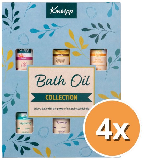 Kneipp Badolie Collectie geschenkverpakking met '4x' aanduiding, zes flesjes: Soft Skin, Beauty Secret, Pure Harmony, Refreshing, Relaxing en Goodbye Stress.