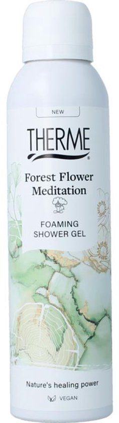 Therme Forest Flower Meditation foaming shower gel in witte spuitbus met groen en gouden abstracte print.
