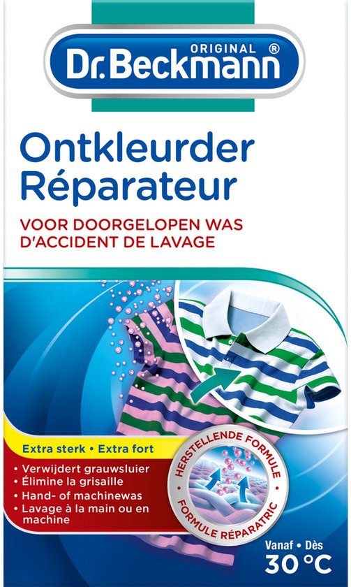 Dr. Beckmann Ontkleurder Réparateur verpakking met een gestreept paars/roze en een gestreept groen/blauw poloshirt.