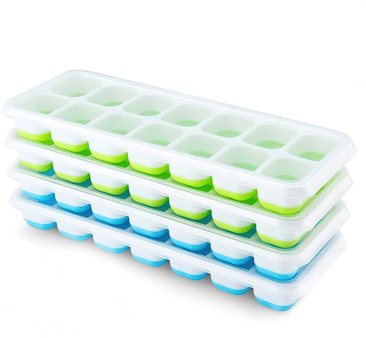 Siliconen IJsblokjesvorm Set - 4 Stuks - Met Deksel - Stapelbaar - BPA-vrij - Eenvoudig te Ontvormen - Vierkante IJsblokjes - Blauw & Groen