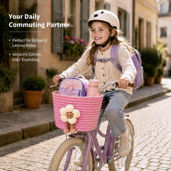 Fietsmand voor kinderen - Fietsmandje meisjes -Handgeweven mand - Inclusief verstelbare riempjes - Geschikt voor jongens- en meisjesfietsen, driewielers en loopfietsen - 15,5 x 14,5 x 19,5 cm - Roze — afbeelding 4