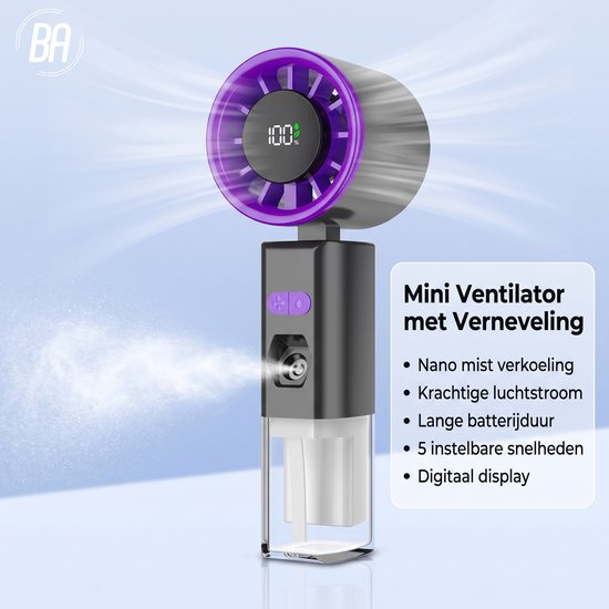Zwarte mini ventilator met paarse rand, digitaal display (100%), nano mist verkoeling, 5 snelheden.