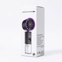 Verpakking van de zwarte mini ventilator met paarse rand, met specificaties en CE/FCC logo's.