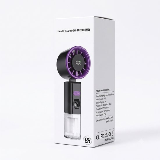 Verpakking van de zwarte mini ventilator met paarse rand, met specificaties en CE/FCC logo's.
