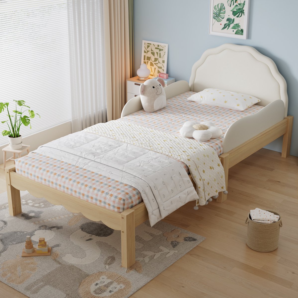MEUNIQ Kinderbed 90x200 cm met zijdelingse uitvalbeveiliging, gestoffeerd hoofdbord van kunstleer, lattenbodem en houten frame, eenpersoonsbed voor kinderkamer, beige naturel