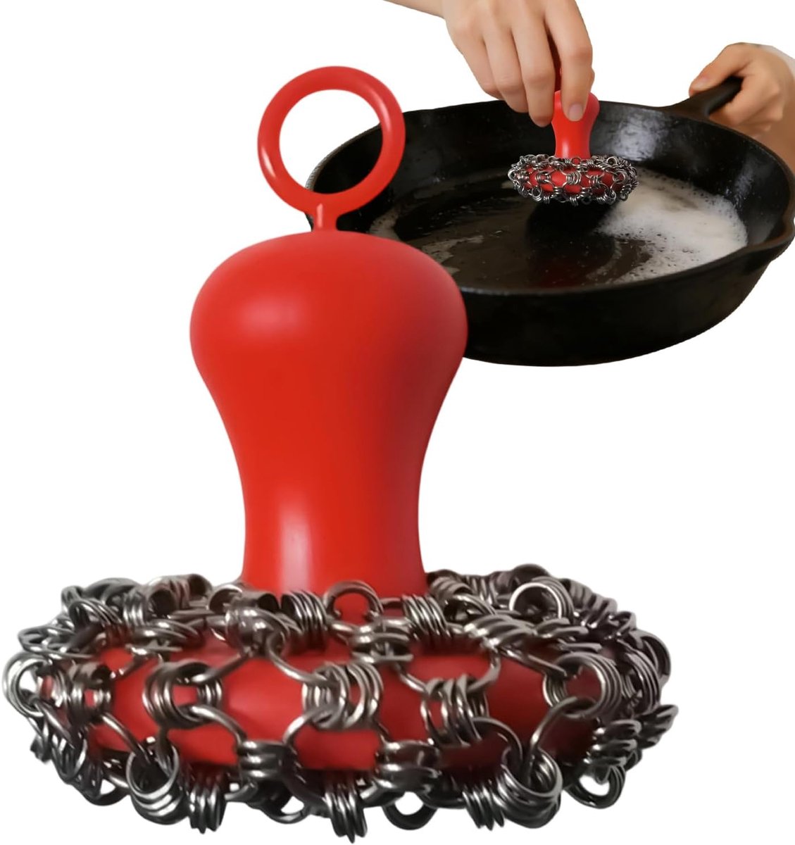 Pannenreiniger Gietijzer - Keukenborstel Roestvrij Staal - Kookgerei Schoonmaken - Ergonomische Handgreep - 10x10x10 cm - Rood