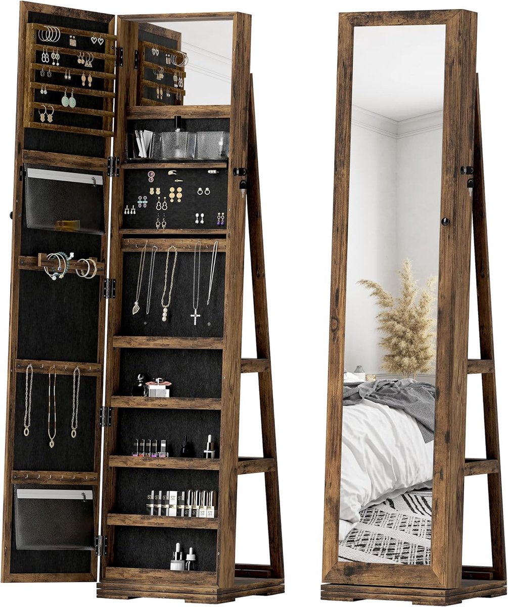 Sieradenkast met Spiegel - Juwelierskast Armoire - Sieraden Opbergen - 360 Graden Draaibaar - 160 cm Hoog - Rustiek Bruin