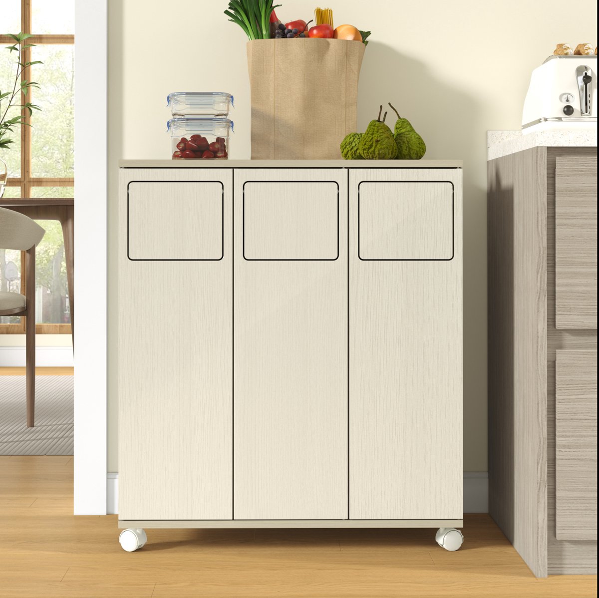 Afvalkast - Driedelige Afvalscheidingskast Op Wielen Met 180 Graden Deuren - Voor Keuken En Eethoek - MDF - 69,3x35x80 Cm - Wit