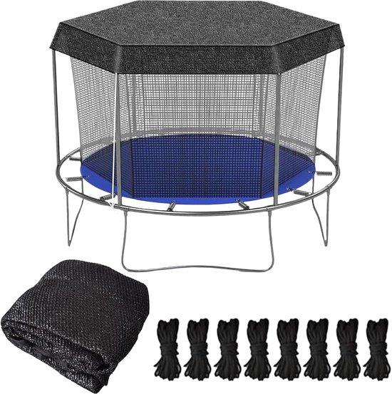 Octagon trampoline met blauwe mat, veiligheidsnet, zwart zonnescherm, afdekking en touwen.