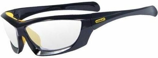 Lunettes de sécurité noires Stanley avec verres transparents et des accents jaunes près du pont.