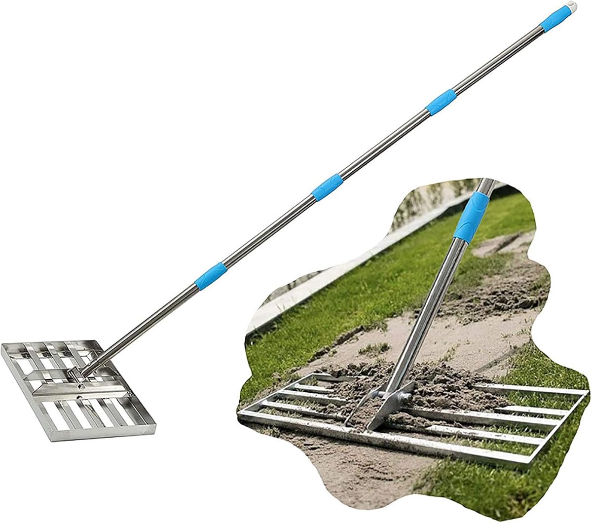 Gazonhark Nivelleer - Tuin Egaliseer - Grond Vlakken - Verstelbare Lengte - 50 cm Kop - Zilver
