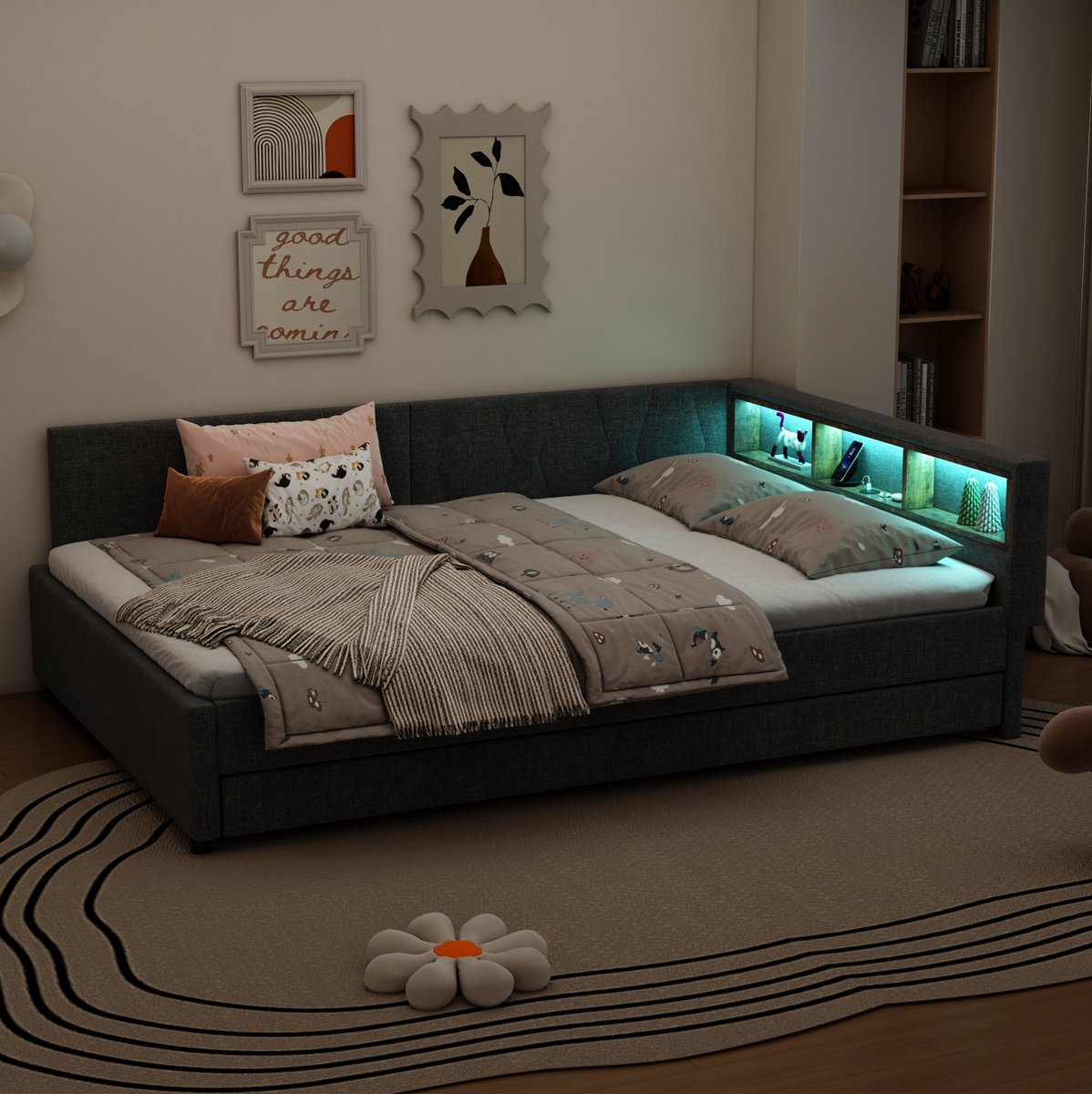 MEUNIQ slaapbank 140x200 cm met uitschuifbed, opbergvakken, USB en Type-C, LED-lichtstrip en lattenbodem, daybed voor slaapkamer of logeerkamer, grijs