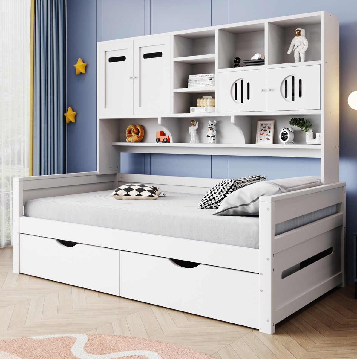MEUNIQ Slaapbank 90x200 cm met opbergruimte bovenbed, 2 bedlades en lattenbodem, eenpersoons bedframe voor slaapkamer of kinderkamer, wit