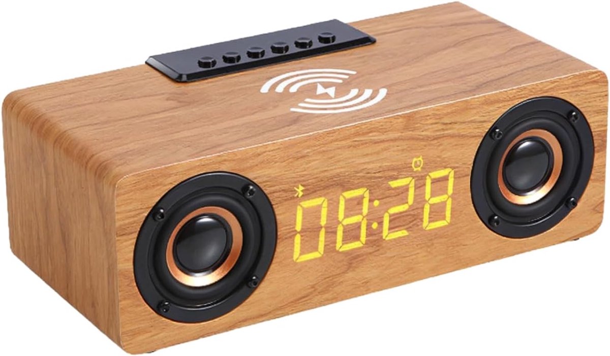 Houten Wekker met Speaker - Nachtkastklok Radio - Muziek Luisteren - Draadloos Telefoon Opladen