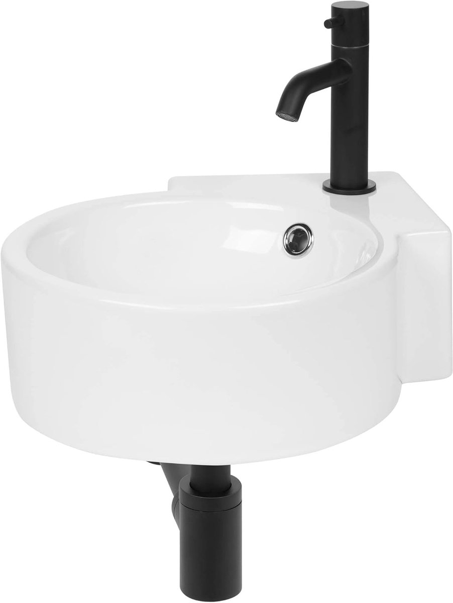 Hoekfonteinset - Wastafelkraan set - Badkamer Inrichting - Keramisch Sifon - Standaard Afmetingen - Zwart Wit
