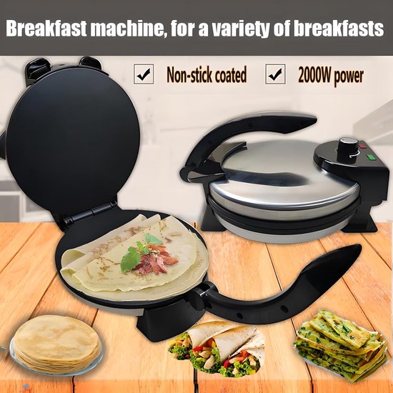 Elektrische Roti Maker - Chapati Machine - Thuis Bakken - Dubbelzijdig Verwarmen - 25 cm - Zwart — afbeelding 2