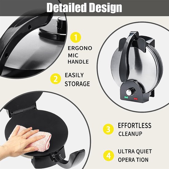 Elektrische Roti Maker - Chapati Machine - Thuis Bakken - Dubbelzijdig Verwarmen - 25 cm - Zwart — afbeelding 3