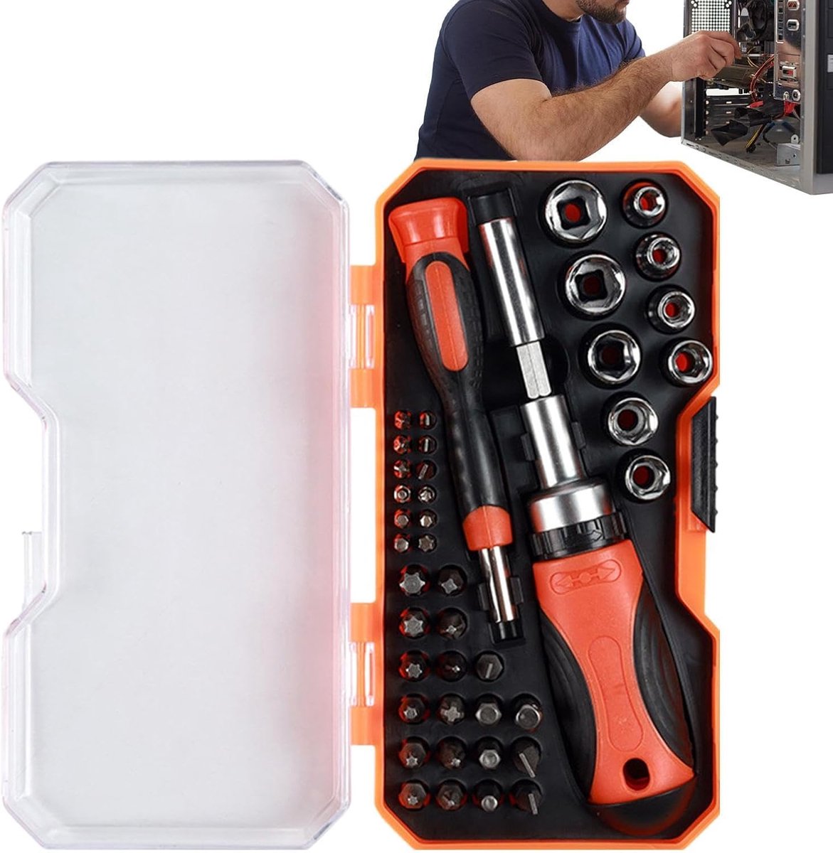 Multischroevendraaier Set - Ratelschroevendraaier - Klus Klussen - Magnetische Bithouder - 44 Delen - Grijs