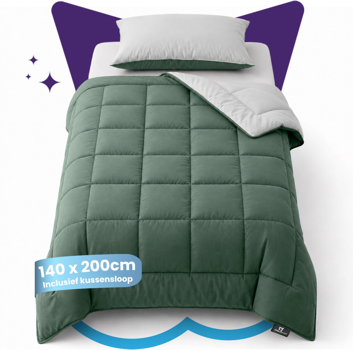 Slaapspeciaal All year dekbed enkel - eazydekbed ® Series Groen/Grijs - Dekbed zonder overtrek | 140x200 cm - Hoesloos dekbed - Inclusief Kussenslopen - Bedrukt dekbed zonder overtrek - Dekbed in kleur - Gekleurd dekbed - Eenpersoons Dekbed