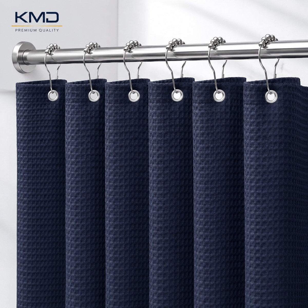 KMD Douchegordijn Wafelstof Waterdicht 182x214 cm - Marineblauw - Anti-schimmel Textiel Badgordijn met Metalen Ringen - Zwaar Badkamer Gordijn voor Badkuip en Douchecabine