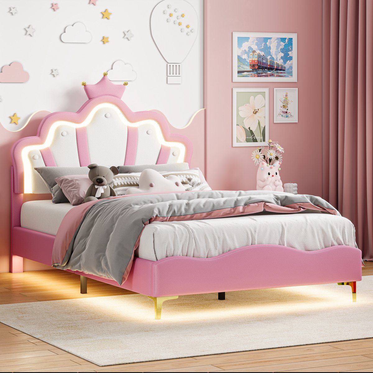 Princess Bed 140x190 Roze – Velvet Cloud Bed met LED, Kroon Hoofdbord & Gouden Poten