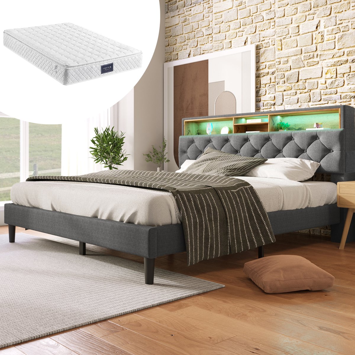 MEUNIQ tweepersoons polsterbed 140x200 cm met opberghoofdbord, LED-verlichting en lattenbodem, bedframe voor slaapkamer, grijs