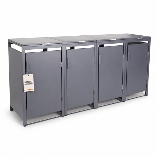 Donkergrijze afvalcontainerbox met vier deuren en een label 'Deutsches Unternehmen'.