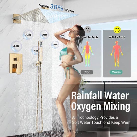 Gouden regendouchekop met luchtmengtechnologie voor zachte, warme douche.Bespaart 30% water. Een vrouw staat onder de douche.