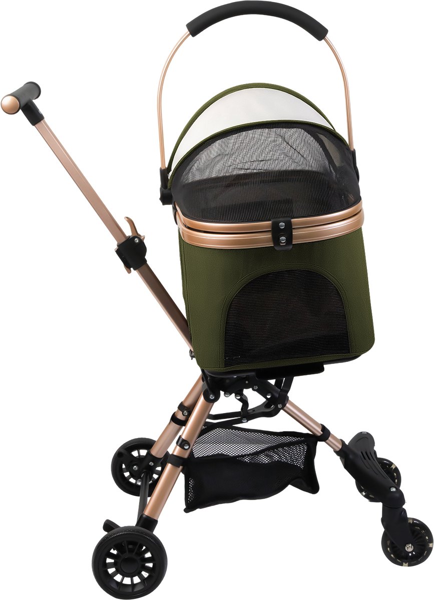 PIPIPOXER Inkapbare Hondenbuggy inklapbare 2-in-1-Hondenwagen voor kleine honden en katten tot 20kg-s - boodschappenmand en gaasraam-Oxford-militair groen