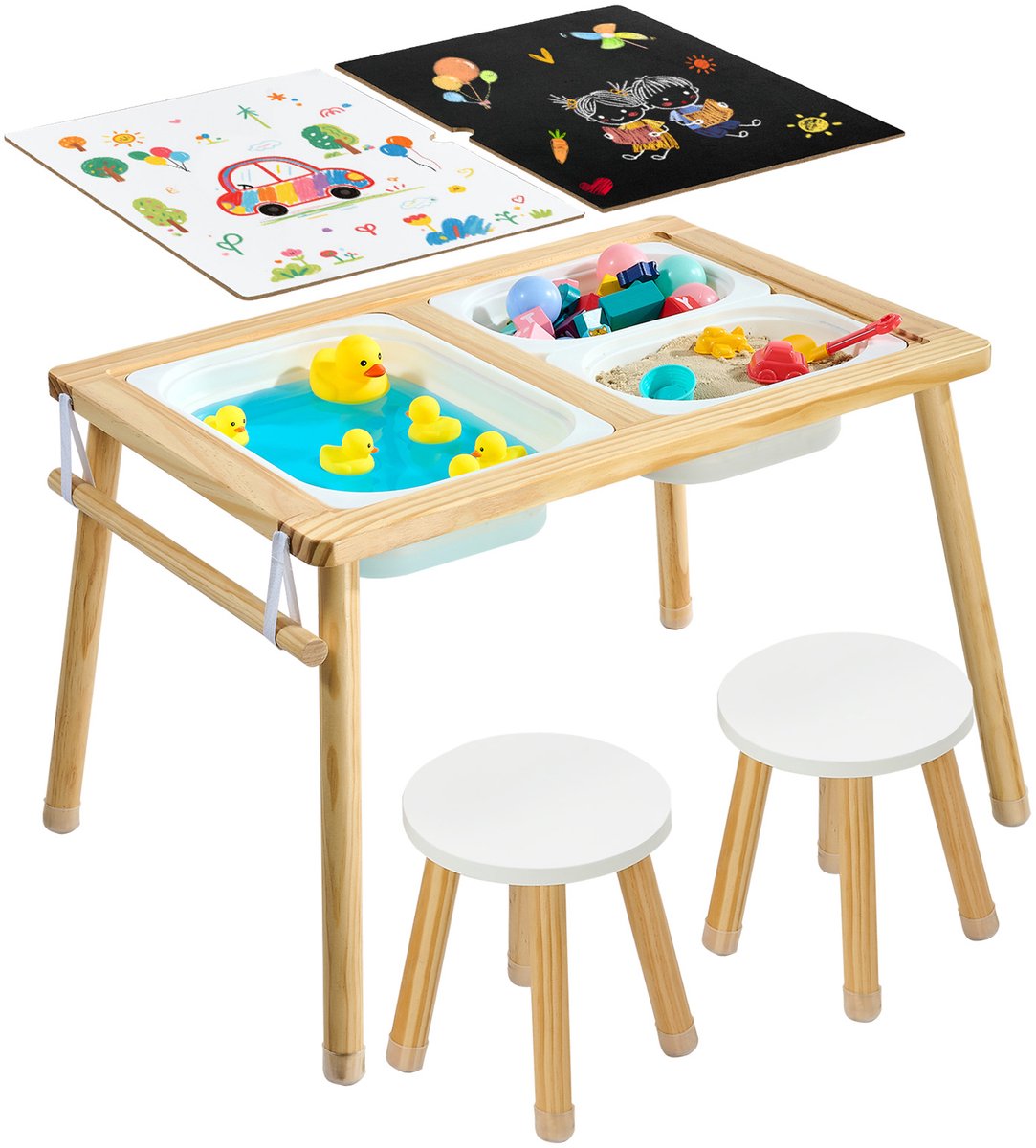 Vevor Sensorische Tafel, 7-in-1 Activiteitentafel met 2 Krukjes, Dubbelzijdig Speeloppervlak, Opbergdozen & Antislipvoetjes, Speelzand- & Watertafel, voor Kinderen van 3-6 Jaar Natuurhoutkleur