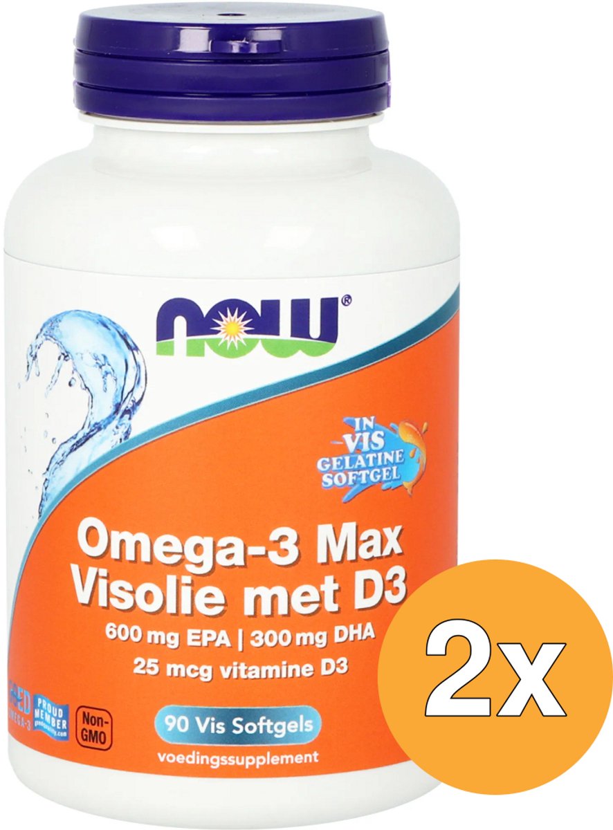 2x NOW Omega-3 Max Visolie met D3 600 mg EPA 300 mg DHA