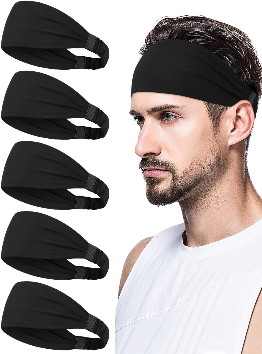 Sporthoofdbanden Set - 5 Stuks - Elastisch - Zweetabsorberend & Ademend - Voor Heren - Geschikt voor Hardlopen, Fitness, Fietsen