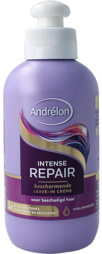 Paarse fles met witte pomp van Andrélon Intense Repair leave-in crème.