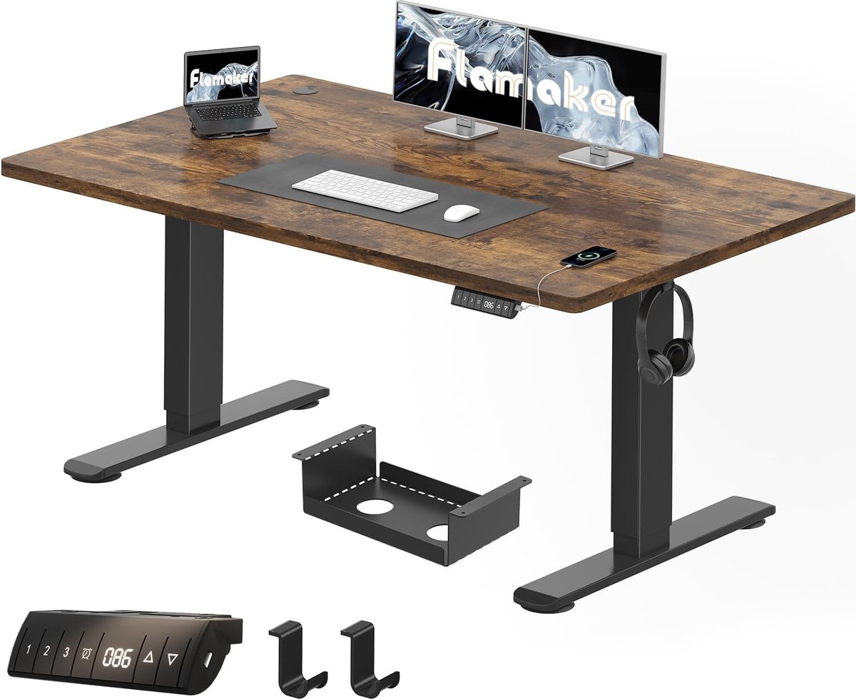Verstelbaar Bureau - Sta bureau - Ergonomisch werken - Elektrische hoogteverstelling - 140x70cm - Bruin