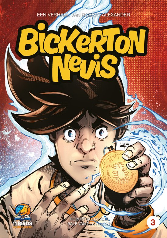 Een jongen met bruin haar en blauwe ogen houdt een gouden munt omhoog. De tekst "BICKERTON NEVIS" staat boven hem.