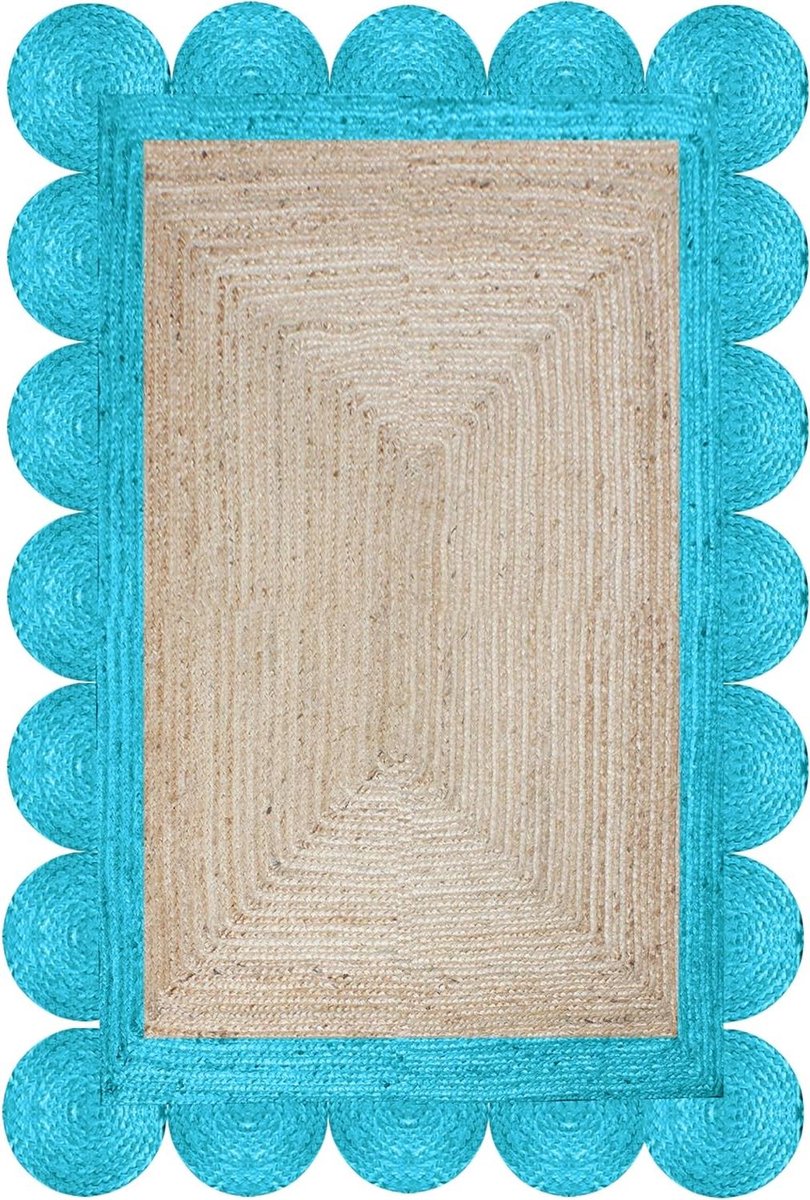 Vloerkleed Jute - Binnen Buiten - Decoratie Woonruimte - Handgemaakt Gevlochten - 150x210 cm - Beige Turquoise