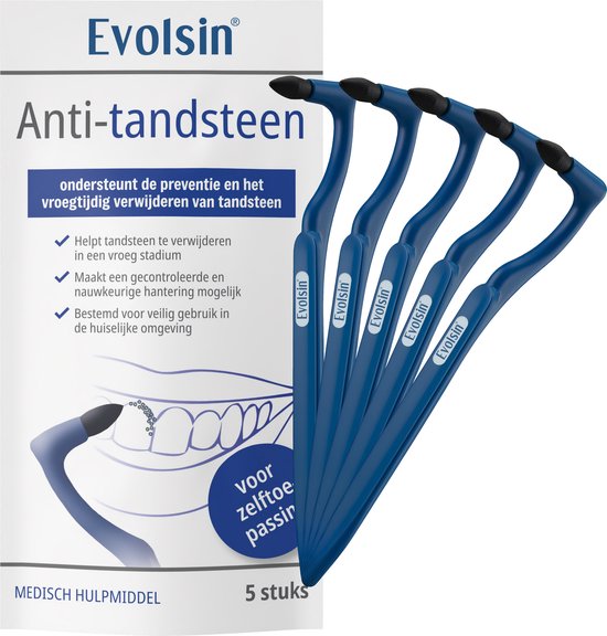 Verpakking met vijf gebogen blauwe tandenstokers. "Evolsin Anti-tandsteen".