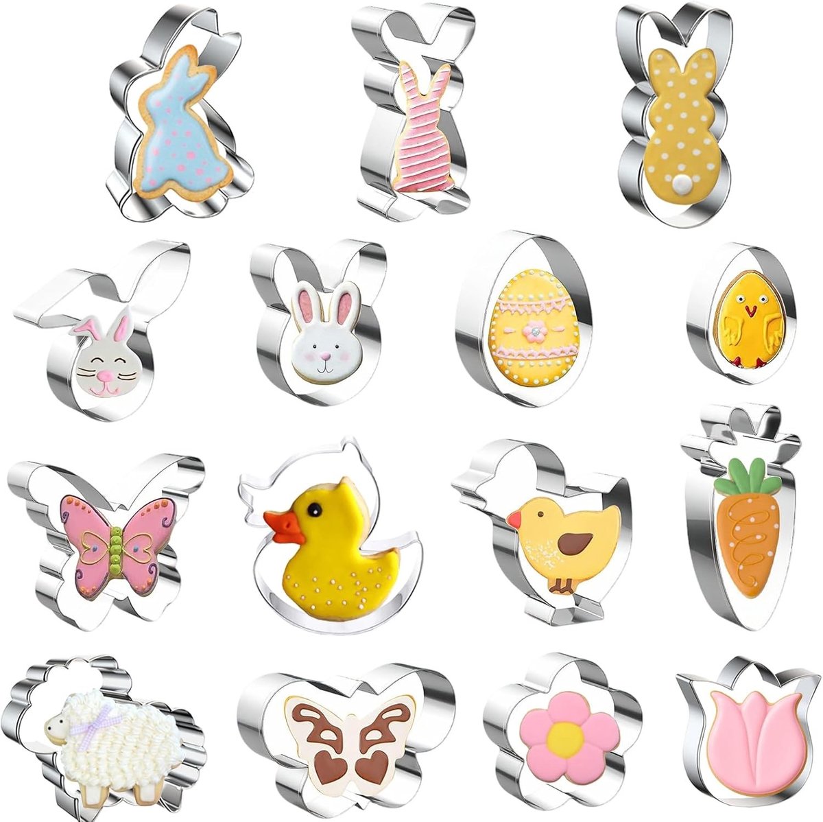 Set van 15 Paasuitsteekvormpjes van RVS in Diverse Dierlijke Vormen voor het Bakken van Koekjes, Taarten en Icing Decoratie