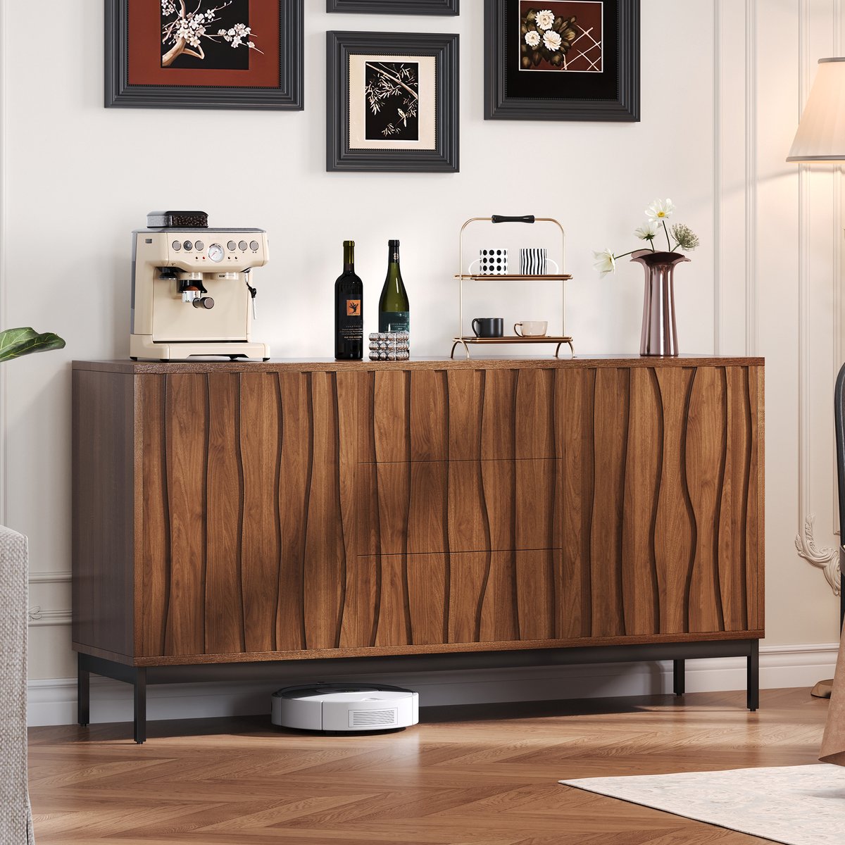 COVREO Dressoir 150 x 40 x 80 cm - 3 lades, verstelbare planken, donkerbruin