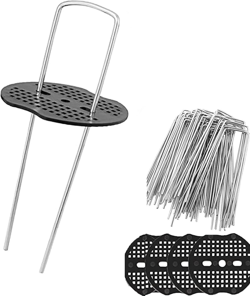 50 Stuks Stalen Grondankers met 50 Bufferdiscs voor Stabiliteit, Ideaal voor Tuin, Camping en Beveiliging van Netten en Hekken, Afmetingen 150x25mm Ø2.7mm
