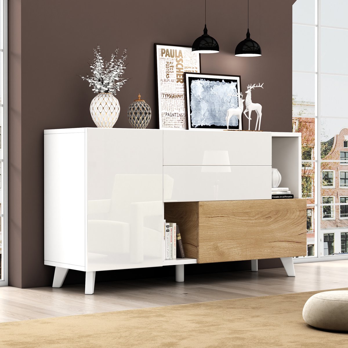 COVREO Dressoir 130 x 40 x 70 cm - wit hoogglans, licht eiken, 2 lades en open vakken