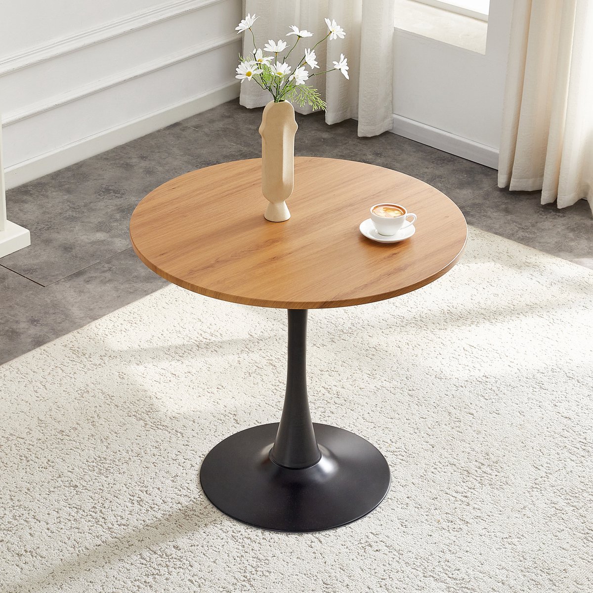 FloraGrace Eettafel - Ronde Tafel In Tulpendesign - Voor Keuken En Woonkamer - MDF En Metaal - 80 x 80 x 76 Cm - Wood