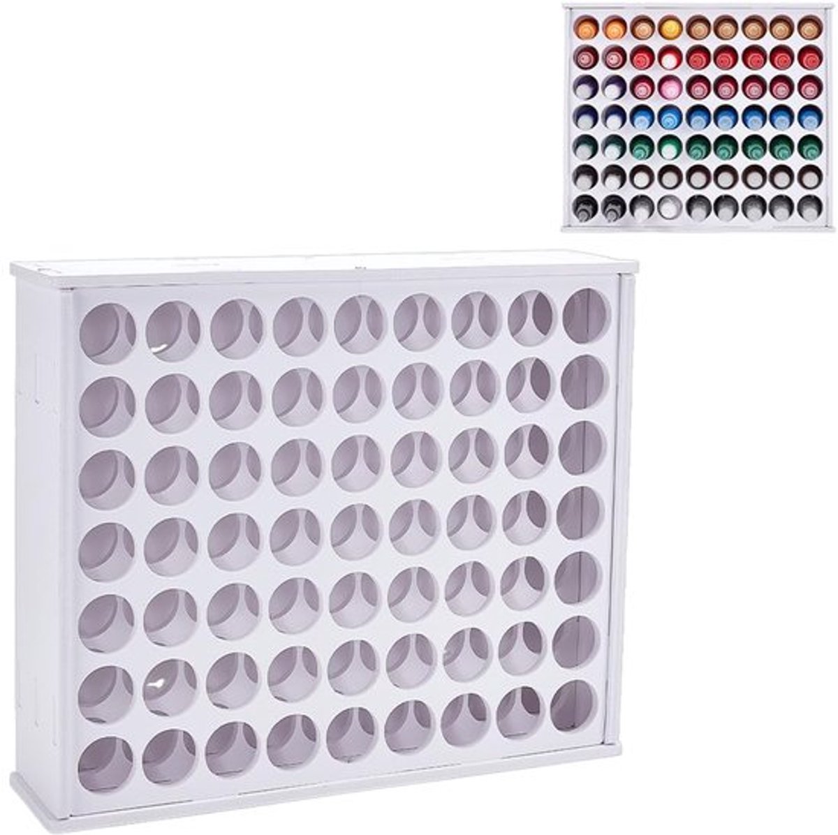 Verfrek organizer met 63 gaten 100 x 340 x 410 mm kunststof wandgemonteerde ambachtelijke verf opbergrek voor 2 oz flessen witte miniatuur verfset houder voor schilderen kunstenaars
